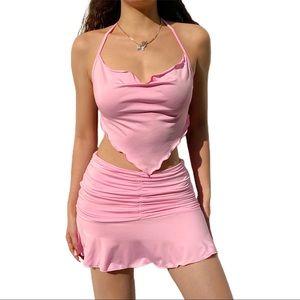 Pink Y2K ruffle skirt and top tie set